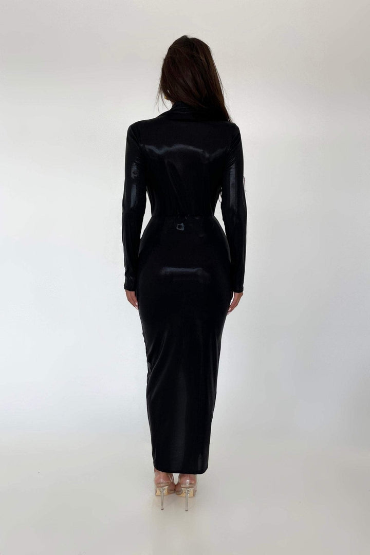 Ailiyah Metalik V Yaka Yırtmaçlı Midi Elbise