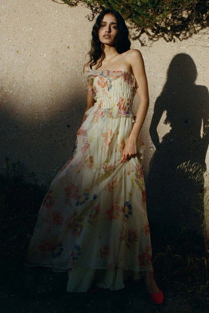 Alberta Baskılı Büzgülü Fırfırlı Maxi Elbise