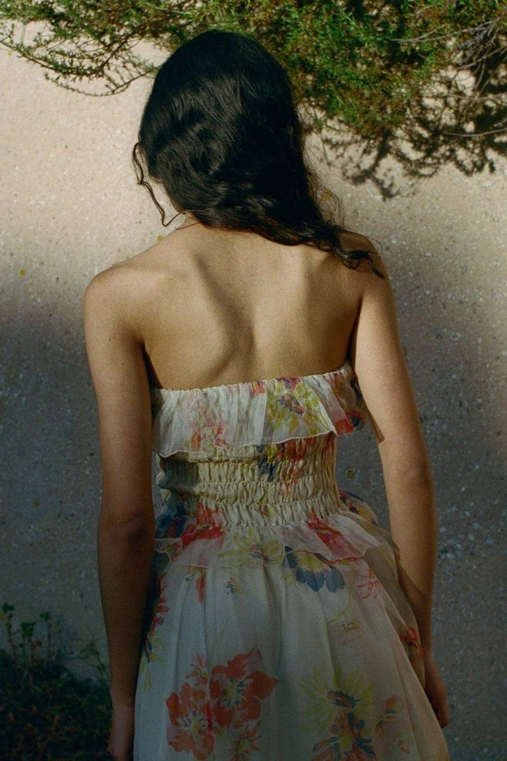 Alberta Baskılı Büzgülü Fırfırlı Maxi Elbise