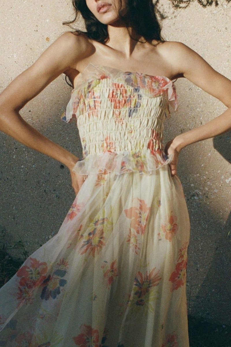 Alberta Baskılı Büzgülü Fırfırlı Maxi Elbise