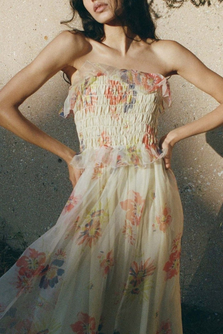 Alberta Baskılı Büzgülü Fırfırlı Maxi Elbise