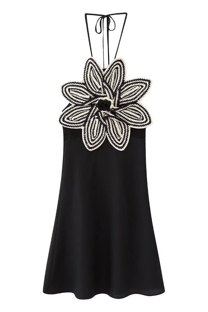 Alda Çiçek Tığ İşi Boyundan Bağlı Mini Elbise