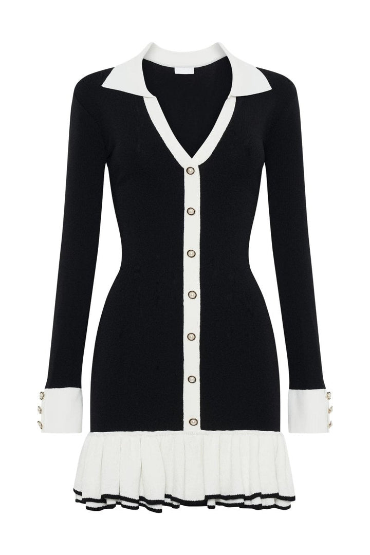 Alexia Kontrast Fırfırlı Fiyonklu Mini Triko Elbise