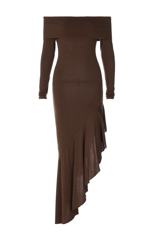 Alisa Omuz Dekolteli Midi Triko Elbise