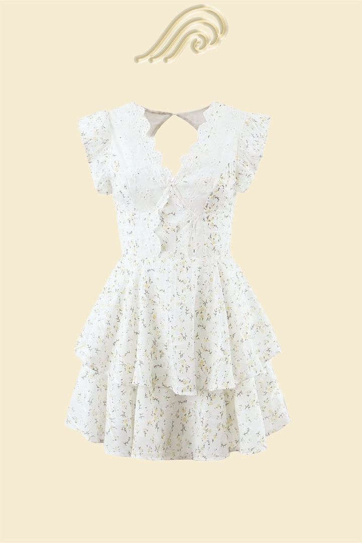 Ally Baskılı Dantelli Katlı Mini Elbise