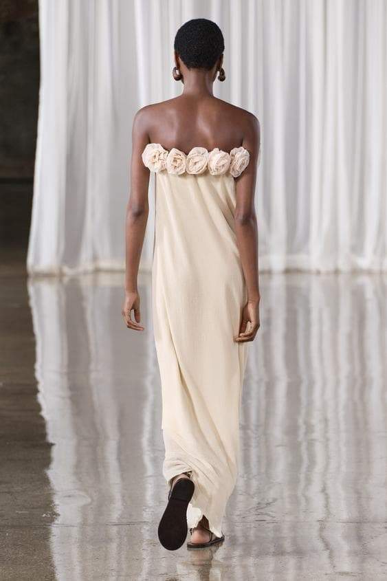 Alva Çiçekli Triko Straplez Uzun Elbise