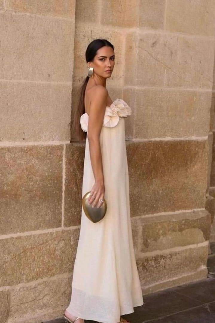 Alva Çiçekli Triko Straplez Uzun Elbise