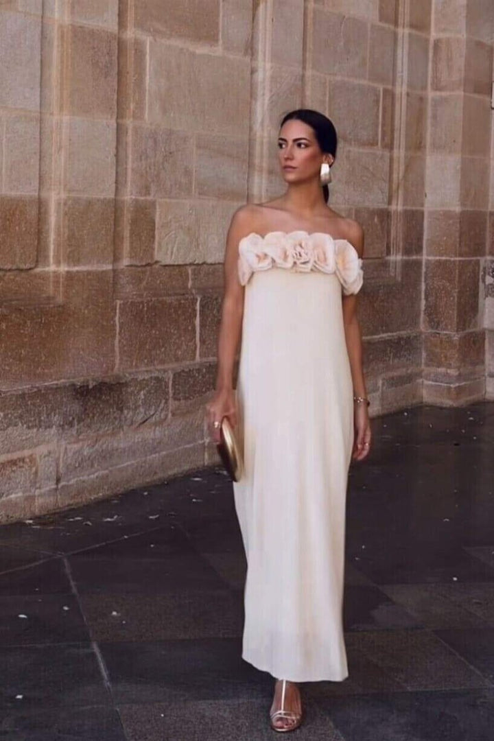 Alva Çiçekli Triko Straplez Uzun Elbise