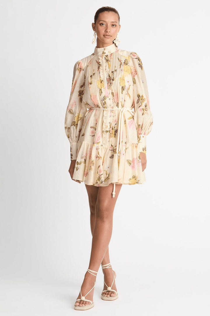 Alva Baskılı Dantelli Katlı Mini Gömlek Elbise