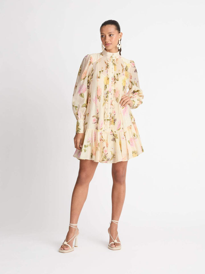 Alva Baskılı Dantelli Katlı Mini Gömlek Elbise