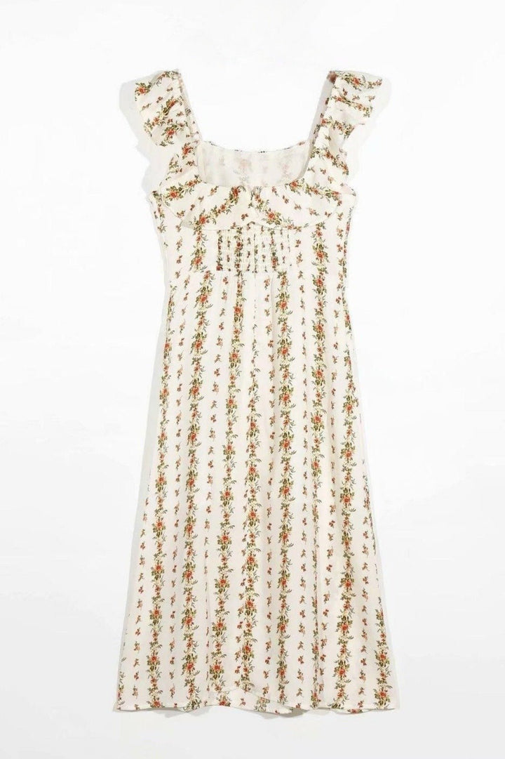 Alyss Baskılı Fırfırlı Askılı Yırtmaçlı Midi Elbise