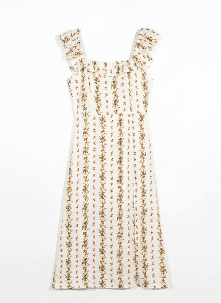 Alyss Baskılı Fırfırlı Askılı Yırtmaçlı Midi Elbise