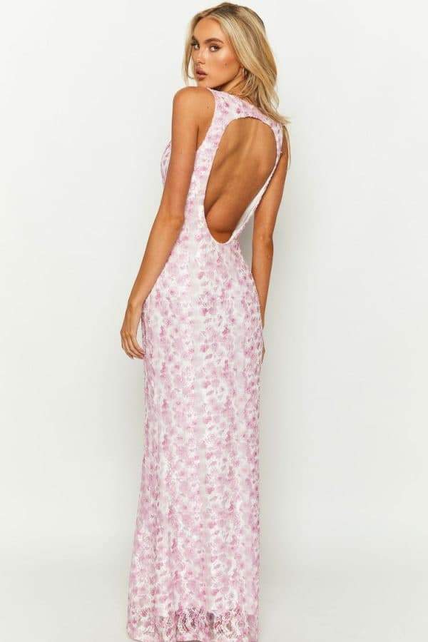 Amelia İşlemeli Dantelli Sırtı Açık Uzun Elbise