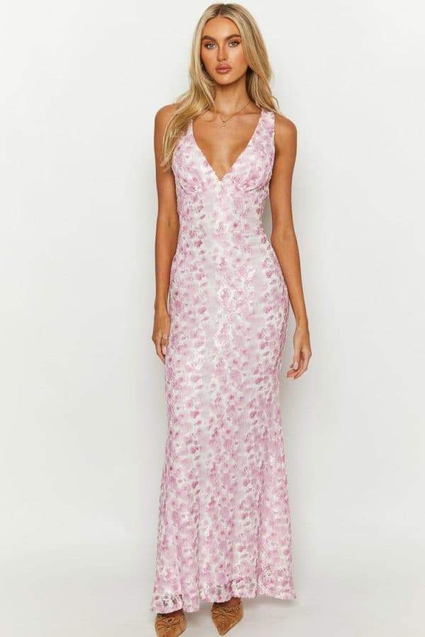 Amelia İşlemeli Dantelli Sırtı Açık Uzun Elbise