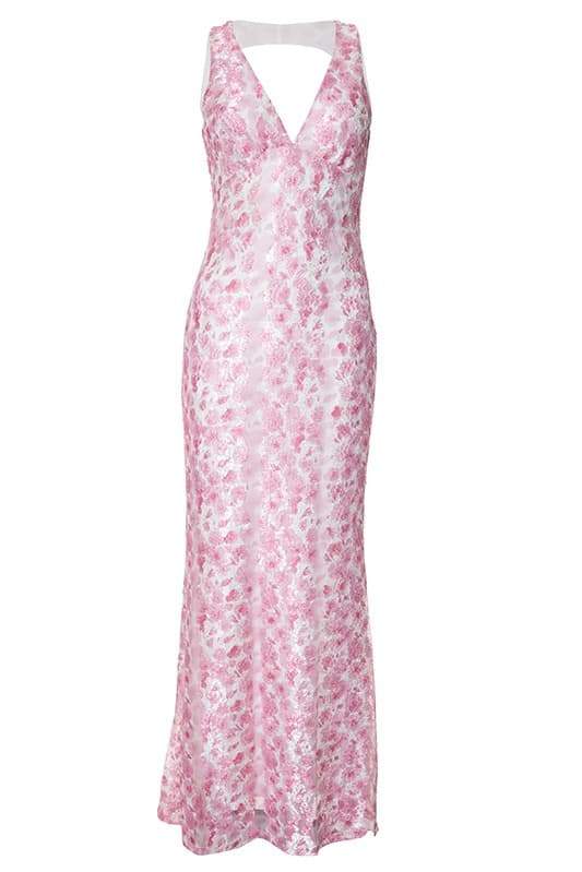 Amelia İşlemeli Dantelli Sırtı Açık Uzun Elbise