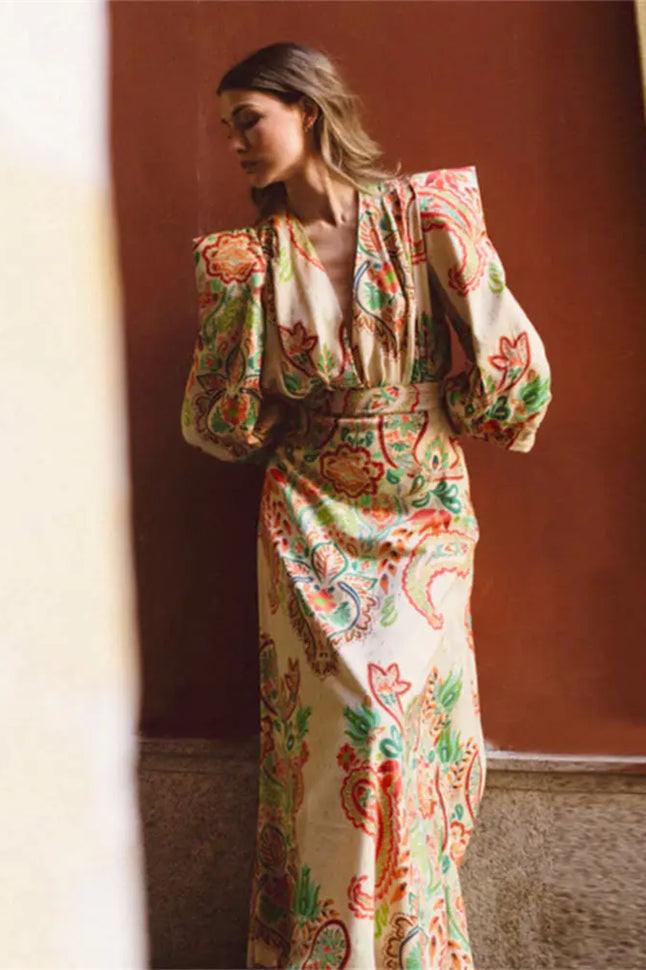 Amelia Baskılı V Yaka Polyester Maxi Elbise