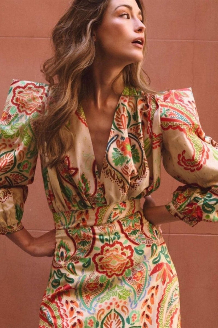 Amelia Baskılı V Yaka Polyester Maxi Elbise