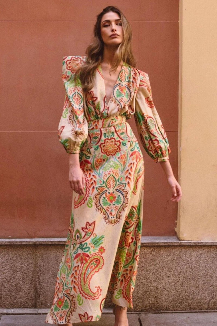 Amelia Baskılı V Yaka Polyester Maxi Elbise