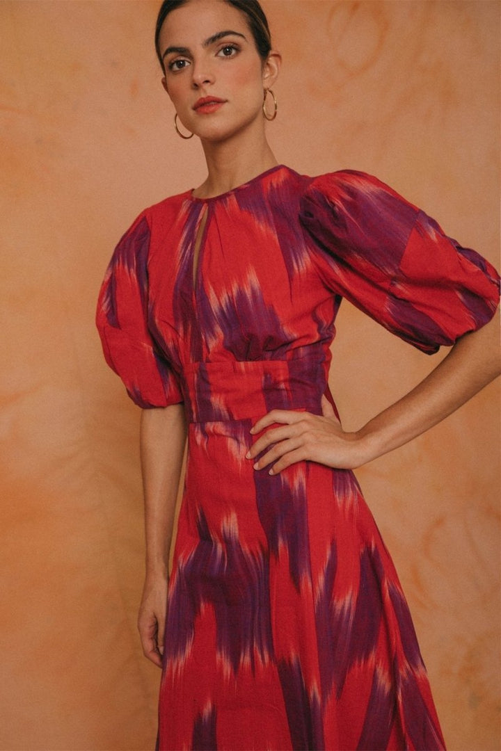 Amelia Batik Balon Kol Midi Elbise