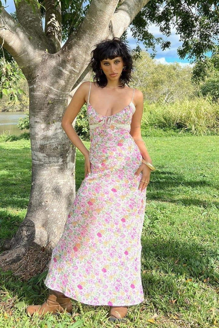 Angelica Baskılı Büzgülü Maxi Slip Elbise