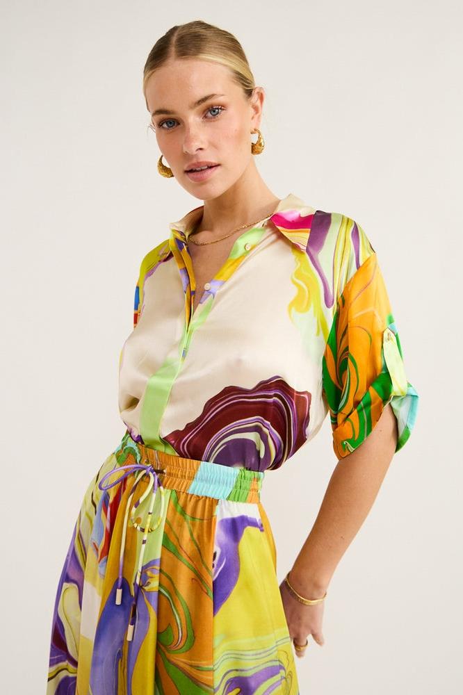 Anna Baskılı Saten Bluz Takım