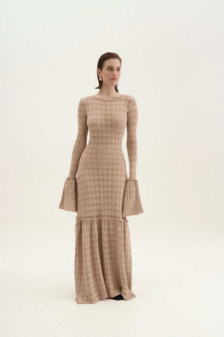 Anna Yuvarlak Yaka Kloş Manşet Örme Maxi Elbise