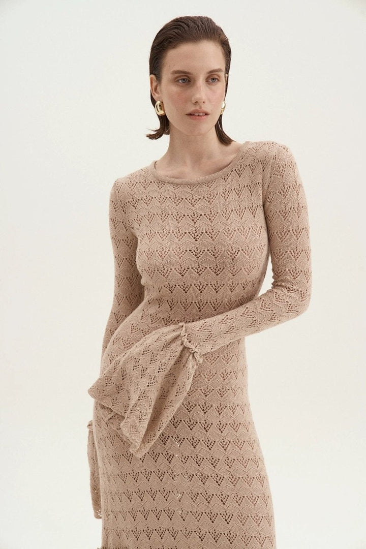 Anna Yuvarlak Yaka Kloş Manşet Örme Maxi Elbise