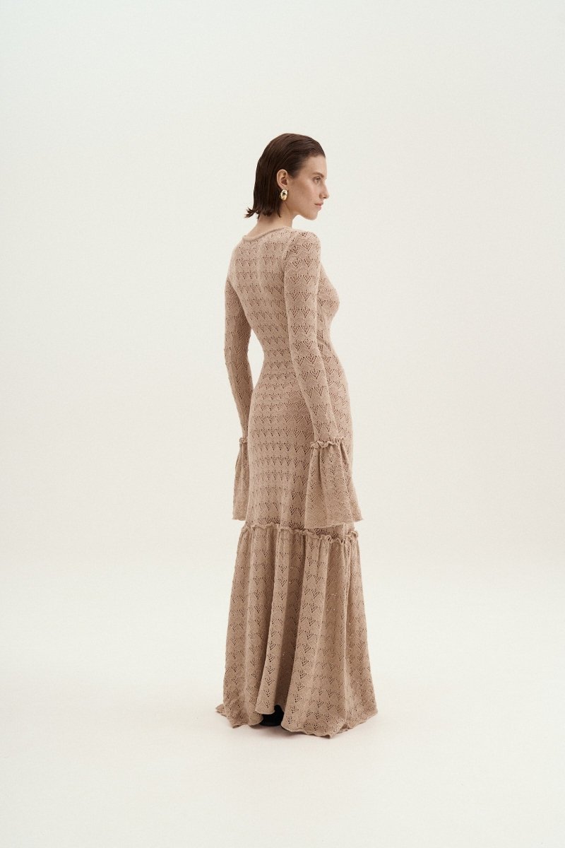 Anna Yuvarlak Yaka Kloş Manşet Örme Maxi Elbise