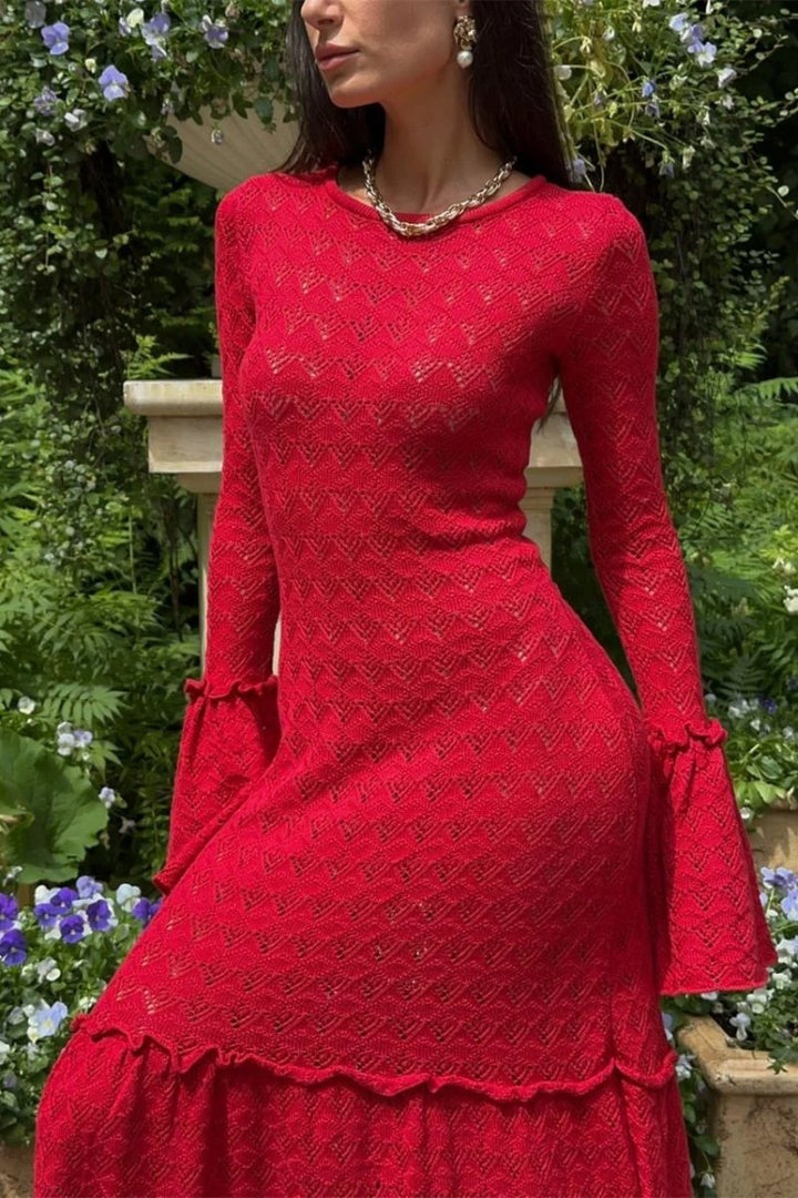 Anna Yuvarlak Yaka Kloş Manşet Örme Maxi Elbise