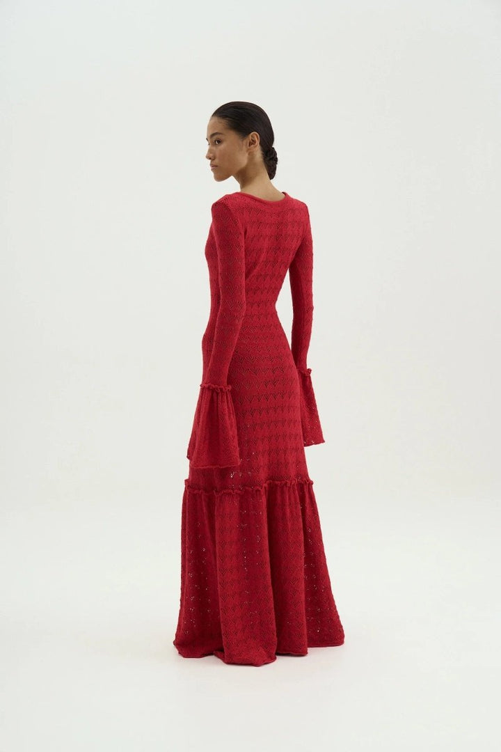 Anna Yuvarlak Yaka Kloş Manşet Örme Maxi Elbise