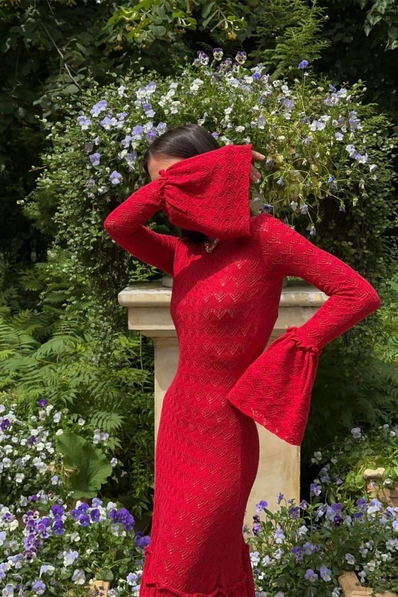 Anna Yuvarlak Yaka Kloş Manşet Örme Maxi Elbise