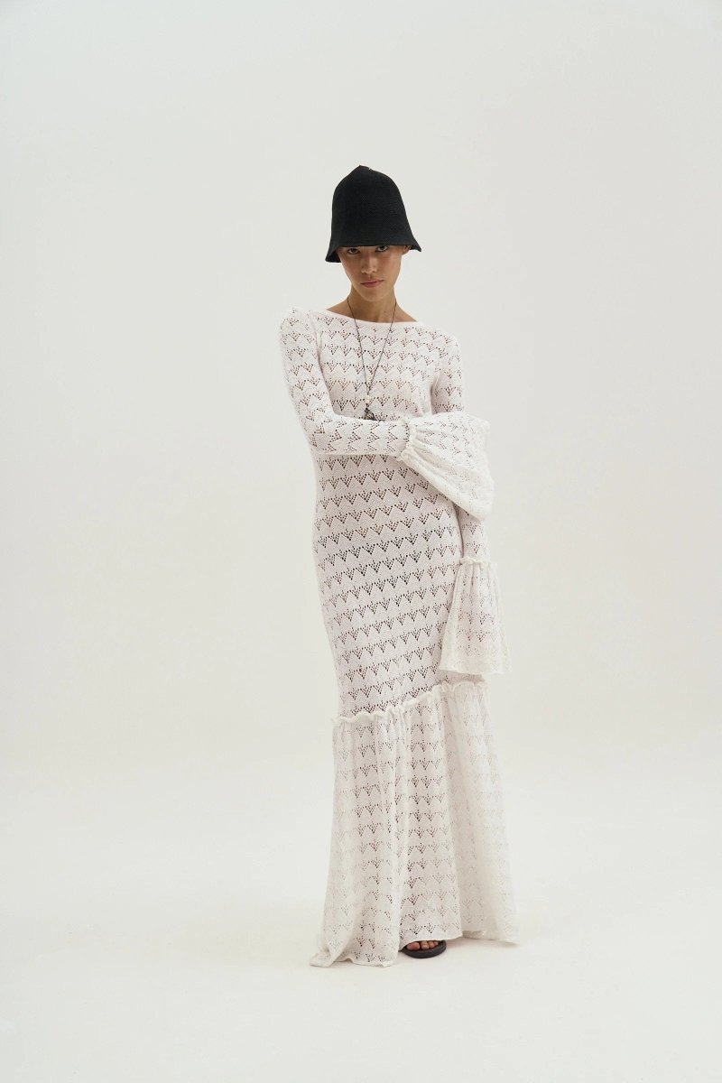 Anna Yuvarlak Yaka Kloş Manşet Örme Maxi Elbise