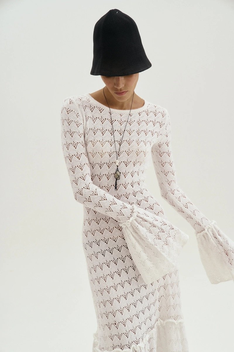 Anna Yuvarlak Yaka Kloş Manşet Örme Maxi Elbise