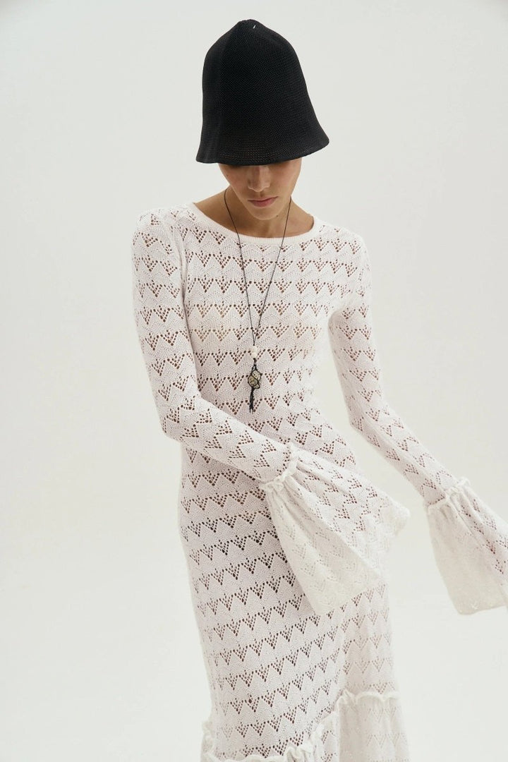 Anna Yuvarlak Yaka Kloş Manşet Örme Maxi Elbise