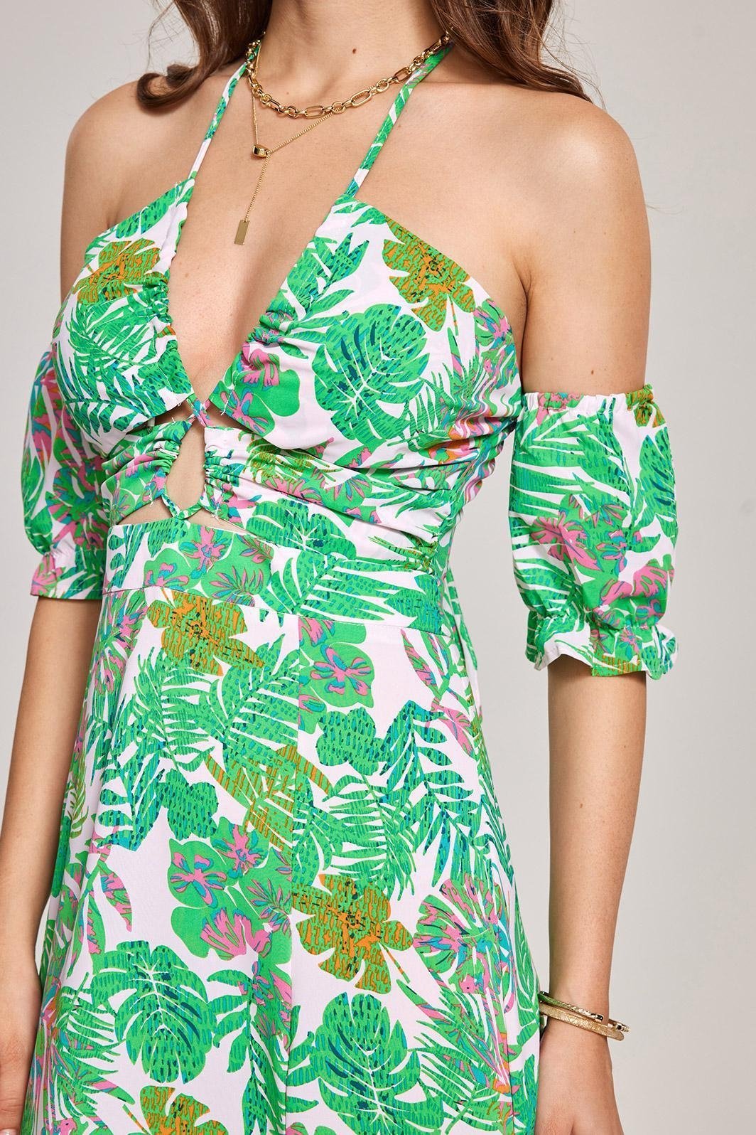 Apphia Baskılı Boyundan Bağlamalı Yırtmaçlı Midi Elbise