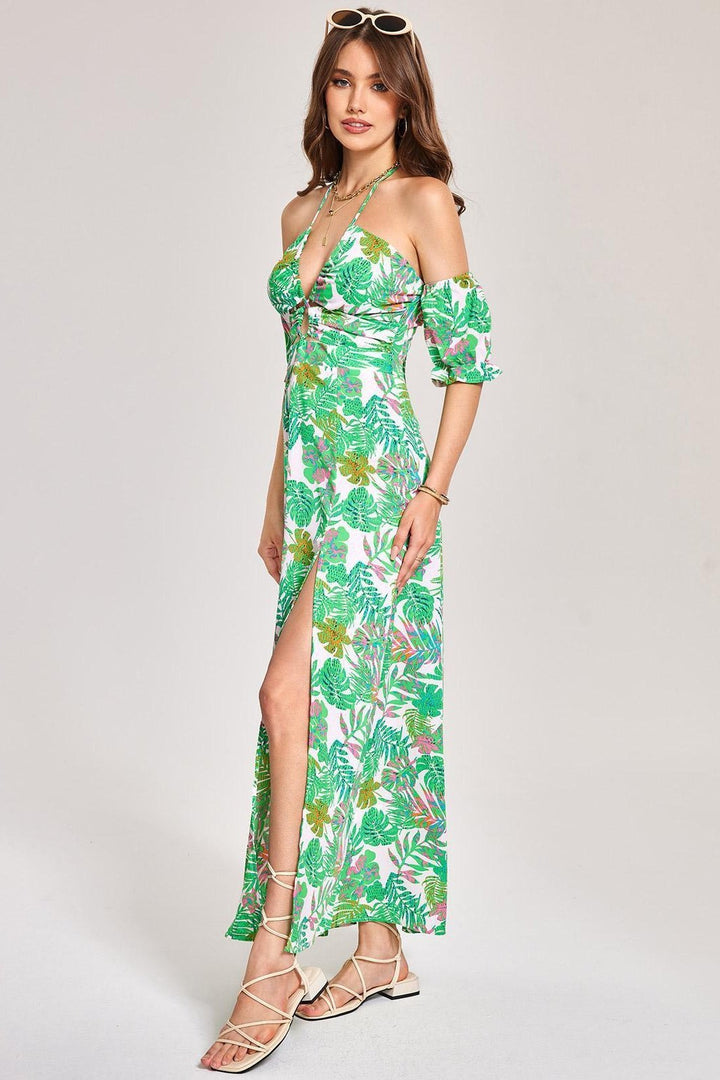 Apphia Baskılı Boyundan Bağlamalı Yırtmaçlı Midi Elbise