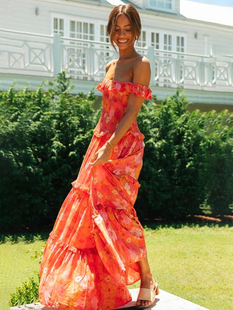 Nisan Ayı Baskılı Omuzu Büzgülü Büzgülü Uzun Elbise