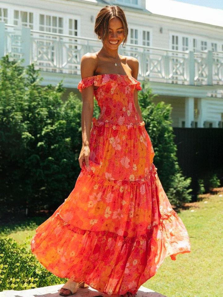 Nisan Ayı Baskılı Omuzu Büzgülü Büzgülü Uzun Elbise