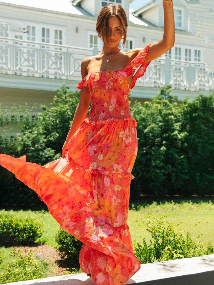 Nisan Ayı Baskılı Omuzu Büzgülü Büzgülü Uzun Elbise