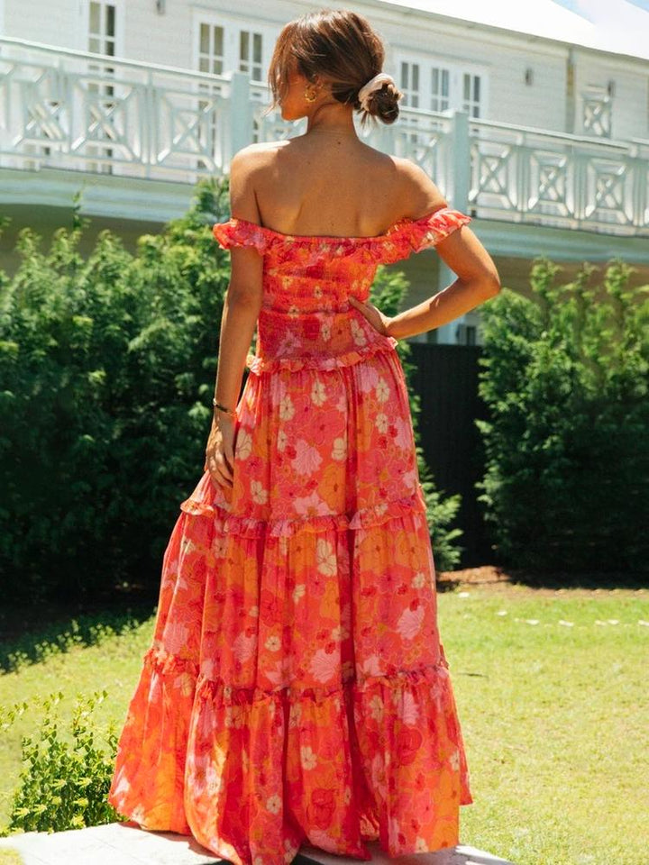 Nisan Ayı Baskılı Omuzu Büzgülü Büzgülü Uzun Elbise