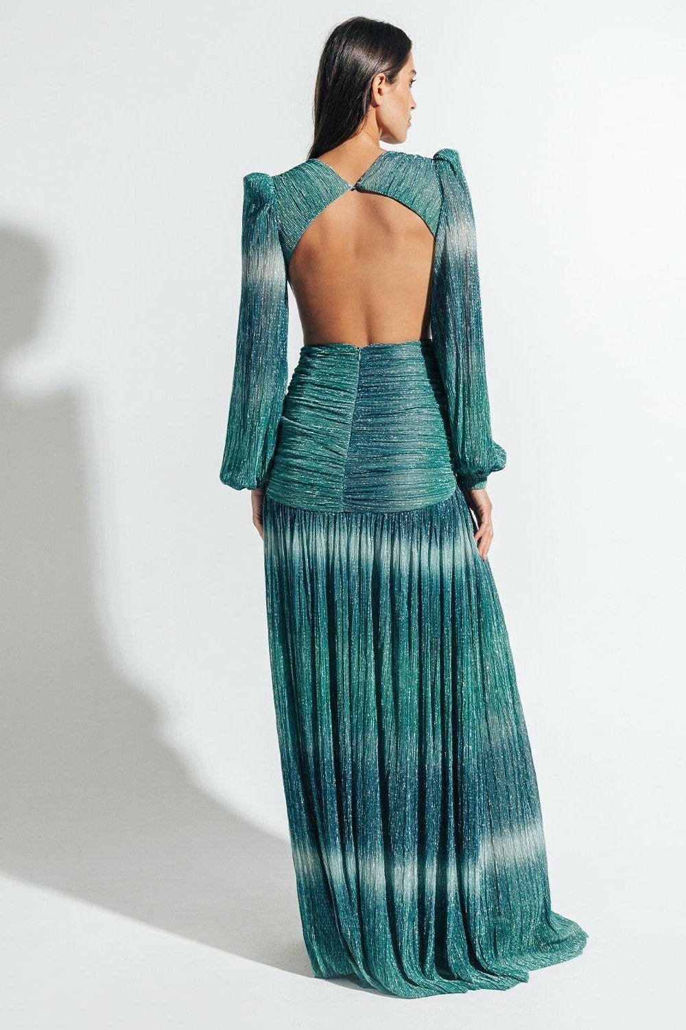 Arabela Baskılı Pırıltılı Plise Maxi Elbise