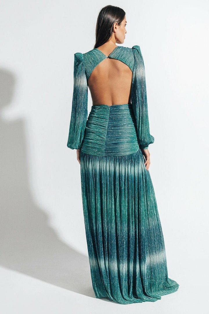 Arabela Baskılı Pırıltılı Plise Maxi Elbise