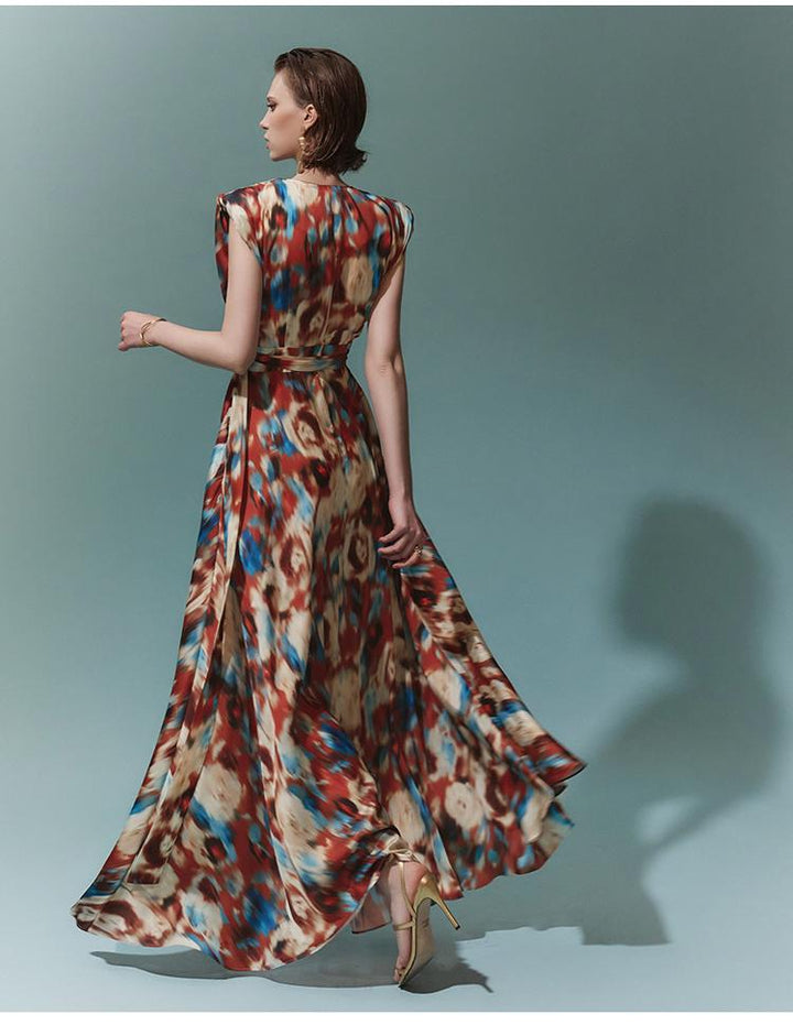 Aspasia Baskılı Kuşaklı A Kesim Uzun Elbise