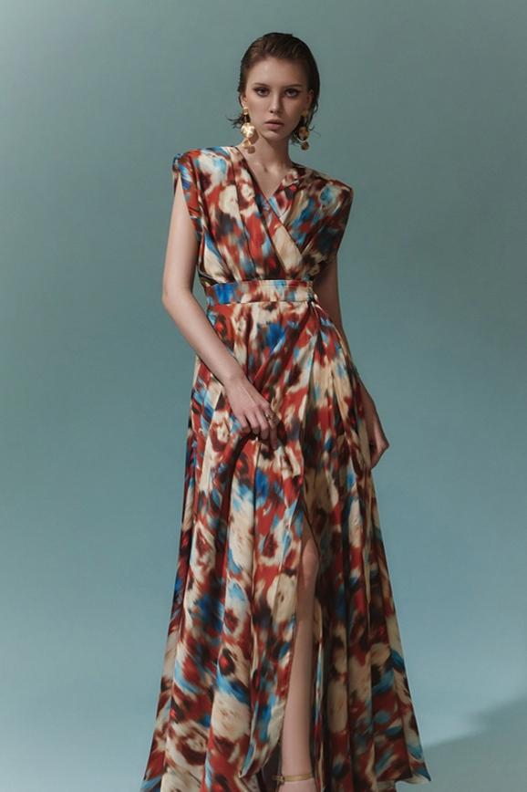 Aspasia Baskılı Kuşaklı A Kesim Uzun Elbise