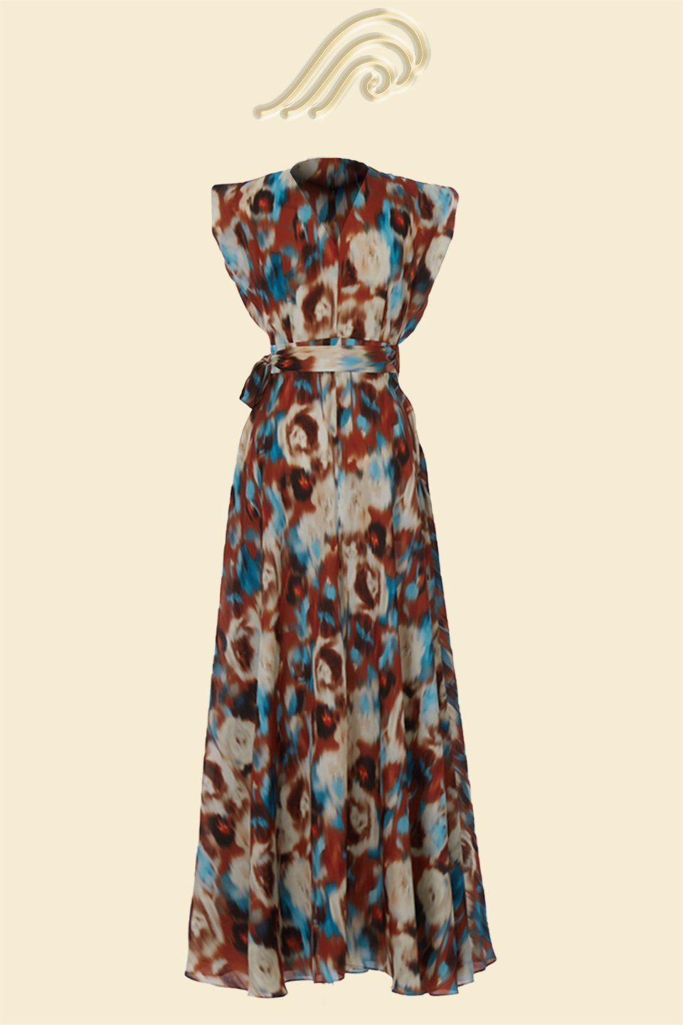 Aspasia Baskılı Kuşaklı A Kesim Uzun Elbise