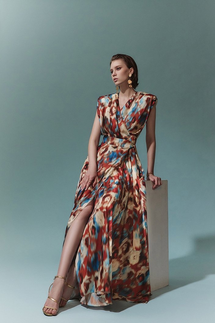 Aspasia Baskılı Kuşaklı A Kesim Uzun Elbise