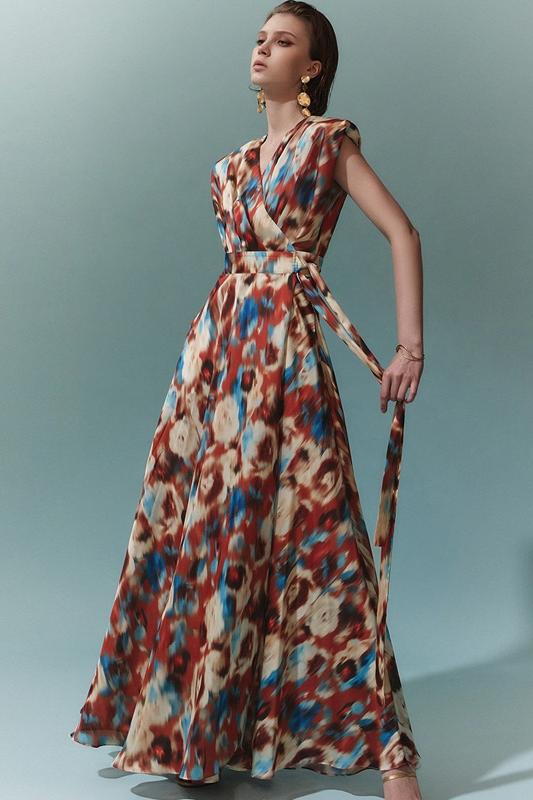 Aspasia Baskılı Kuşaklı A Kesim Uzun Elbise