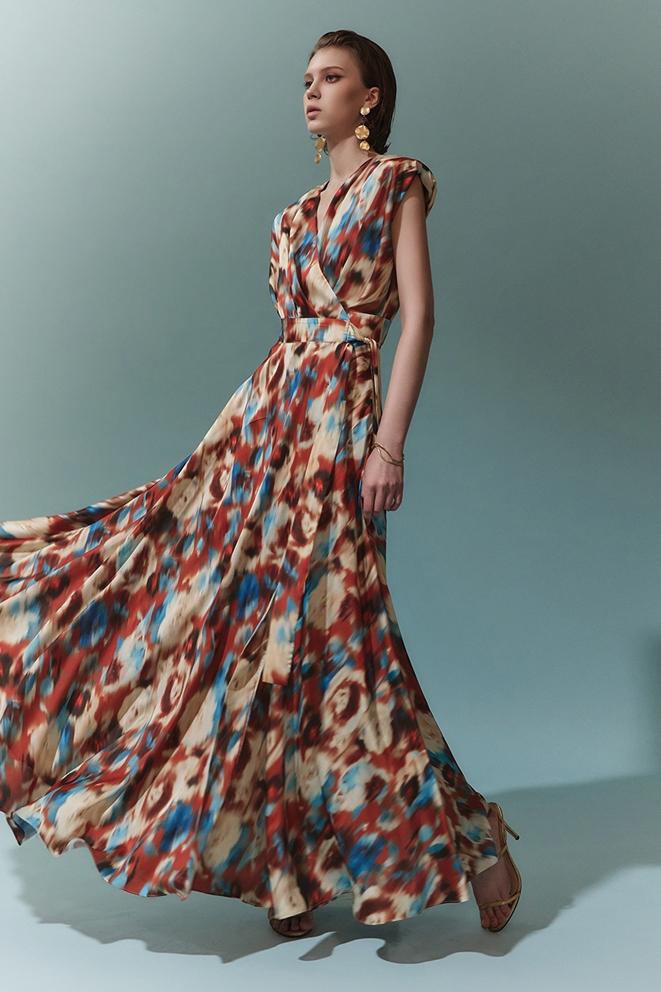 Aspasia Baskılı Kuşaklı A Kesim Uzun Elbise