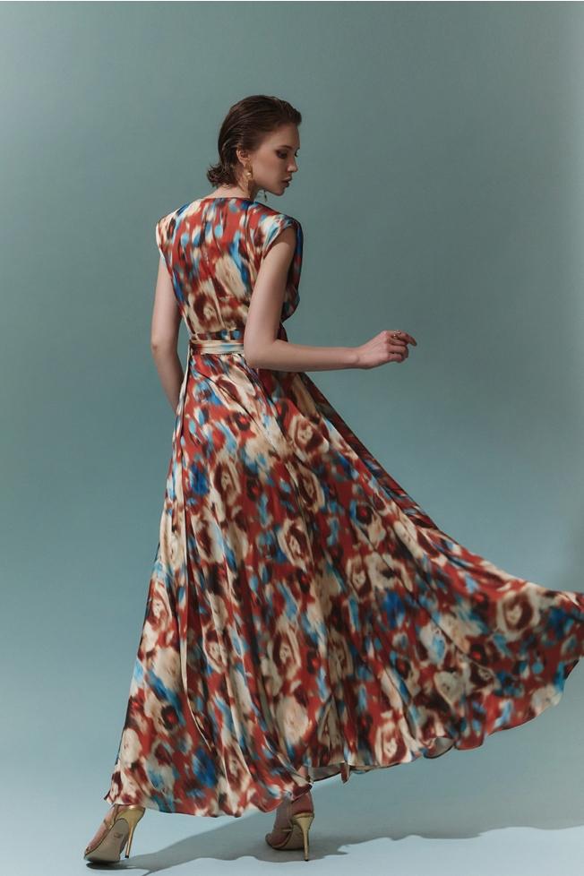 Aspasia Baskılı Kuşaklı A Kesim Uzun Elbise