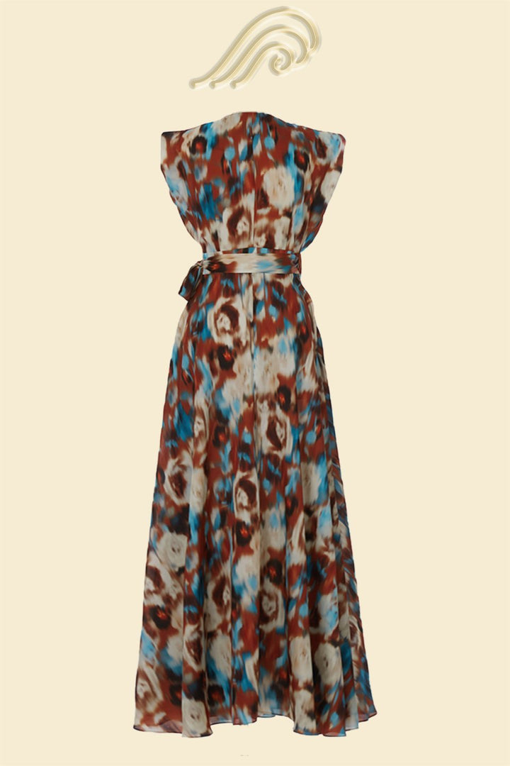 Aspasia Baskılı Kuşaklı A Kesim Uzun Elbise